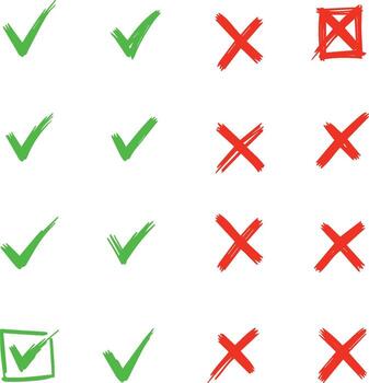 Hand Drawn Chalk Pencil Checklist Checkbox Signs Square Circle Sketch Style. Doodle Collection of Green Checkmarks, Red Crosses and Circles Chalk Charcoal Pencil. vector