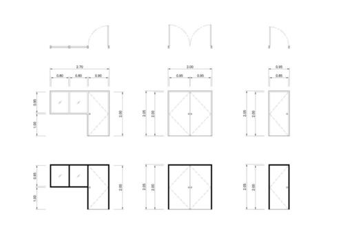Architectural door and window elevation drawings with detailed dimensions, sections, and frame styles. Includes line weight variations for design a presentation. vector