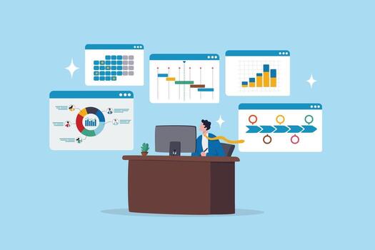 Office worker analyzing data on multiple screens vector