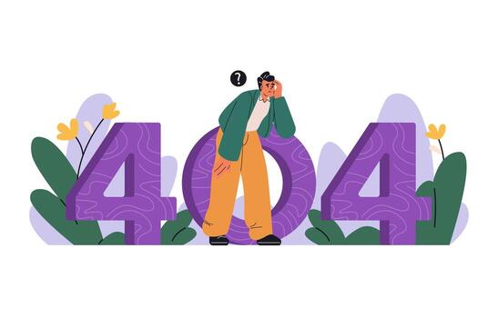 Tired man looking for something through number 404 vector