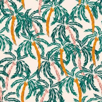 Elegant seamless pattern with hand drawn tropical palm trees in green and greenery tones on a light background. Exotic, dynamic, and trendy, perfect for summer textiles, wallpapers, branding vector