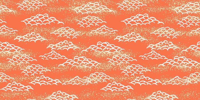 Seamless pattern with stylized hand drawn clouds in an Asian inspired design. White curved line clouds on a warm orange background with a subtle textured effect. Ideal for textiles, prints vector