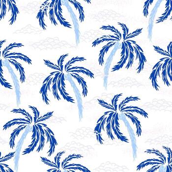 Seamless tropical pattern featuring blue palm trees with textured trunks and stylized light clouds on a white background. Perfect for summer, beach, and travel themed designs vector