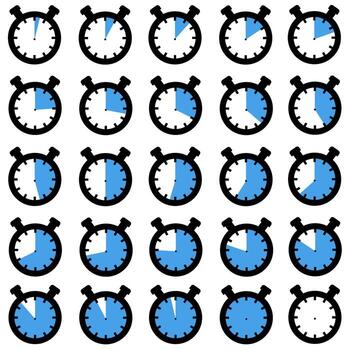 A grid of minimalist stopwatch icons illustrating a complete time interval sequence with a blue progress indicator. vector
