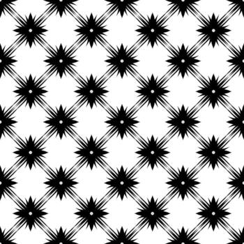 Seamless monochrome pattern of abstract black starbursts with sharp jagged points arranged in a diagonal grid. vector