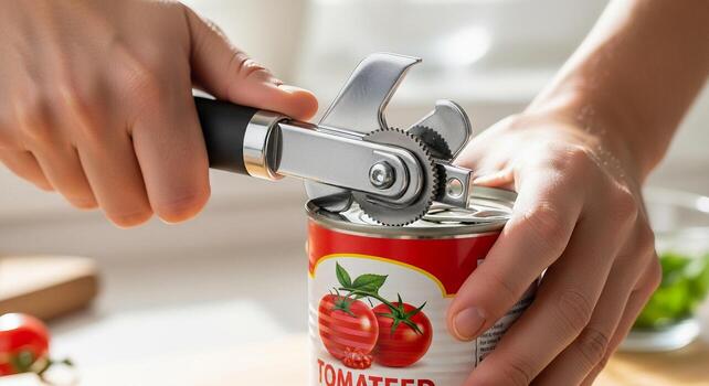 A person using a can opener to open a can of tomatoes photo