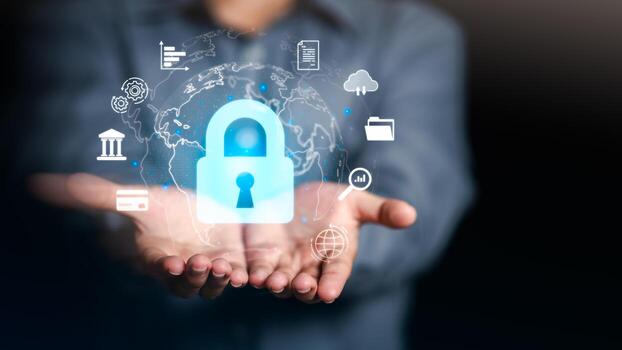 Cybersecurity concept with digital lock and data protection icons over world map. Symbolizes secure access, privacy, cloud storage, network safety, and global digital security in business and finance. photo