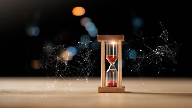 Hourglass with red sand represents time management, urgency, and prioritization, enhanced by digital network graphics and bokeh lights, perfect for business, strategy, and productivity themes. photo
