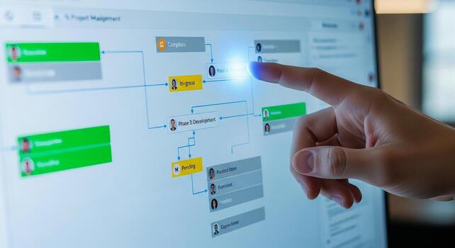 A person pointing at a computer screen with a diagram on it photo
