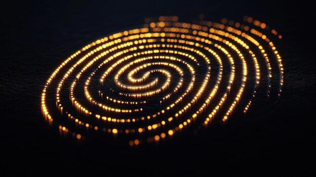 Glowing golden orbs create a fingerprint pattern over dark textured surface in a scene photo