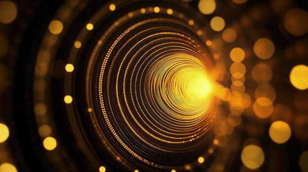 Golden light streams through a circular tunnel, with dots and lines creating a sense of depth photo