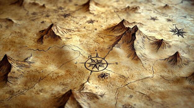 Ancient map with mountains and compass rose points towards mysterious charted territories ahead photo