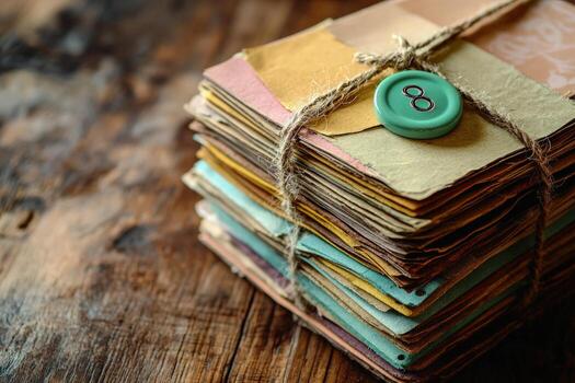 Stacked papers wrapped by rustic twine with an eightshaped button sits on a wooden surface photo