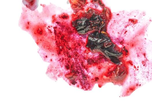 Abstract red and black ink splash with textured patterns on white background. photo