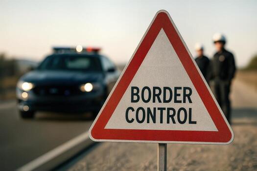 BORDER CONTROL Roadside triangular sign with red border reading on highway with blurred police car and officers in background. On-location photograph with shallow depth of field Border control concept photo