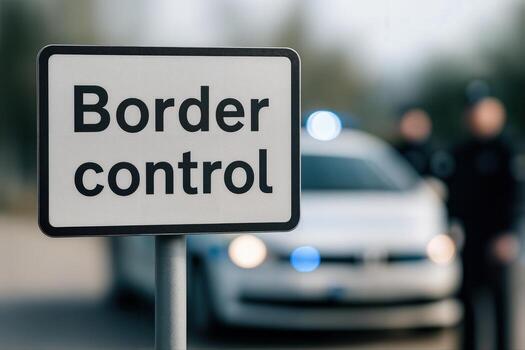 Border Control Checkpoint With Sign And Police Presence Highlighting Security Measures And Law Enforcement photo
