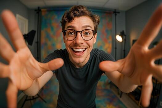 Blogger Enthusiastic Fisheye Selfie of Smiling Young Man with Glasses and Hands Reaching Towards Camera in Vibrant Studio Setting photo