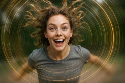 Excited Woman with Spiraling Energy Effect Highlighting Joy and Dynamic Movement in Nature photo