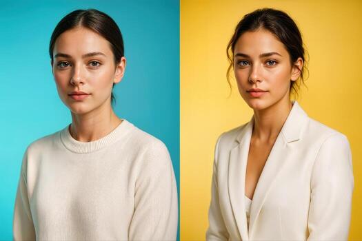 Dual Portrait After Before Fashion Photography Featuring Twin Models Against Vibrant Blue and Yellow Backgrounds in Minimalist Style photo