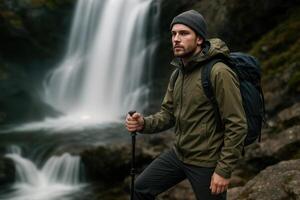caminante en pie cerca sedoso cascada en bosque vistiendo verde chaqueta y gorro con mochila y excursionismo palo en tranquilo al aire libre escena foto