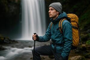 aventurero posando por sedoso cascada en bosque con mochila y excursionismo engranaje, vistiendo gorro y azul chaqueta, abrazando naturaleza y al aire libre exploración, ideal para viaje y naturaleza conceptos foto