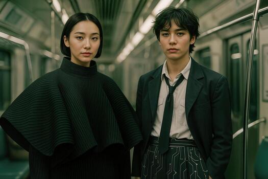 Retro Futuristic Subway Fashion Scene Featuring Two Individuals in Stylish Outfits with Unique Textures and Patterns, Capturing Modern Urban Vibes, Confidence, and Unique Style Elements photo