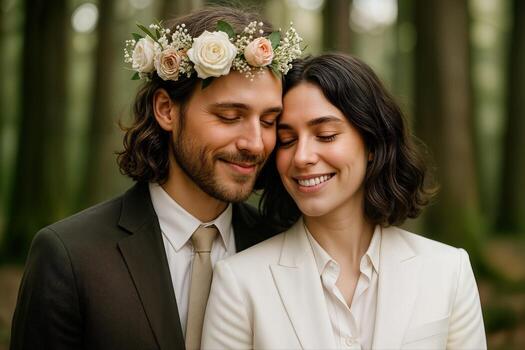 Boho Forest Wedding with Smiling Couple Embracing Beneath Tall Trees in Spring Setting photo