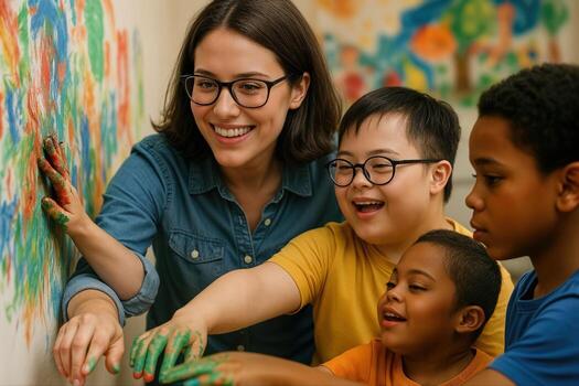 Down Syndrome Child Collaborating on Colorful Mural with Diverse Group in Art Classroom Setting photo