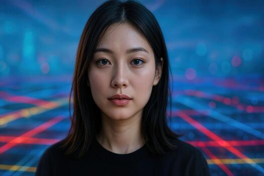 Futuristic Neon Dreamscape with Woman Facing Camera in Vibrant Cyberpunk Setting photo