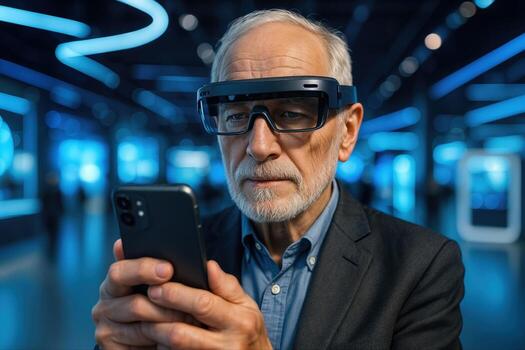 Senior Man Wearing Augmented Reality Glasses in Futuristic Tech Environment Holding Smartphone with Focused Expression photo