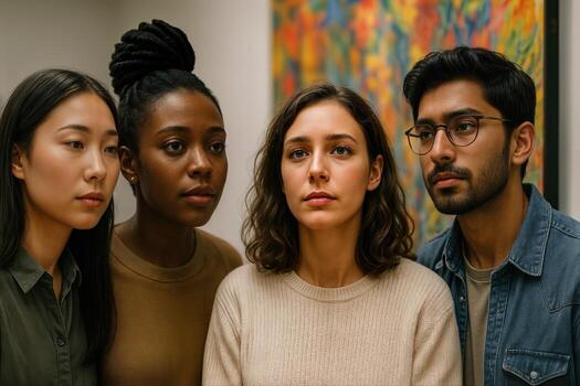Four Diverse Friends Observing Art in Gallery with Focused Expressions and Colorful Abstract Painting in Background photo
