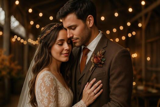 Rustic Autumn Wedding with Couple Embracing in Barn Setting Surrounded by Warm Lighting and Autumn Decor photo