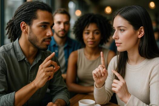 People Engaged in Sign Language Conversation at Cafe with Focus on Communication and Inclusion photo