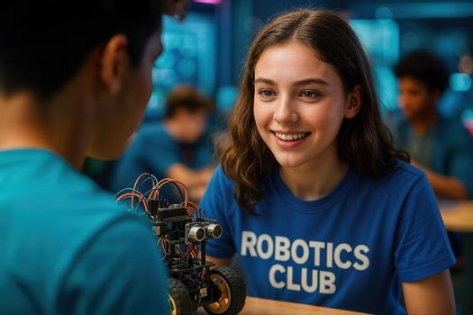 Visible Slogan 'Robotics Club' on Enthusiastic Student Collaborating in Tech Workshop photo