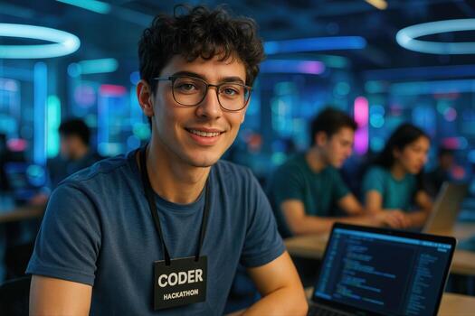 joven descifrador a hackathon vistiendo lentes y Insignia en vibrante tecnología taller ajuste foto