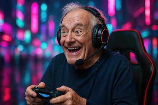 mayor hombre con entusiasmo juego de azar adentro con auriculares y controlador en neón cyberpunk ajuste foto