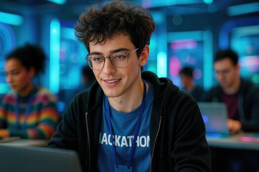 Young Man at Hackathon Typing on Laptop in Tech-Focused Environment with Team photo