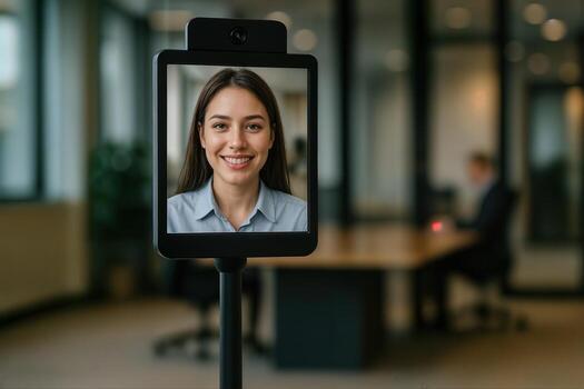Young Woman Having Virtual Job Interview on Call in Modern Office Setting photo