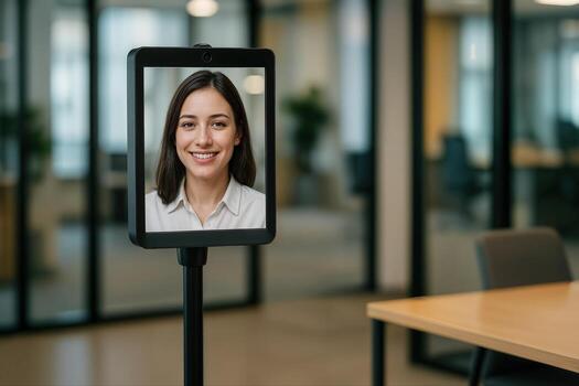Virtual Job Interview with Woman Appearing on Robot Screen in Modern Office Setting photo