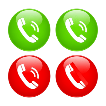Four glossy circular buttons with phone icons two green for calling and two red for ending calls isolated on transparent background png