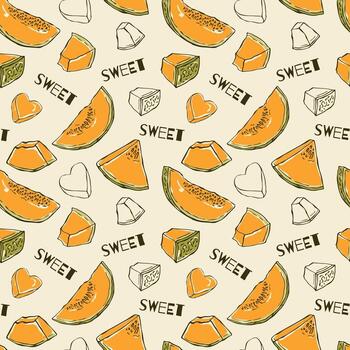 Seamless pattern with colorful hand-drawn melon illustrations in doodle line art style. Playful and artistic fruit design with bright summer colors. Ideal for fabric, packaging, wrapping paper vector