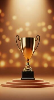 Golden trophy on a pedestal with a spotlight and bokeh lights photo