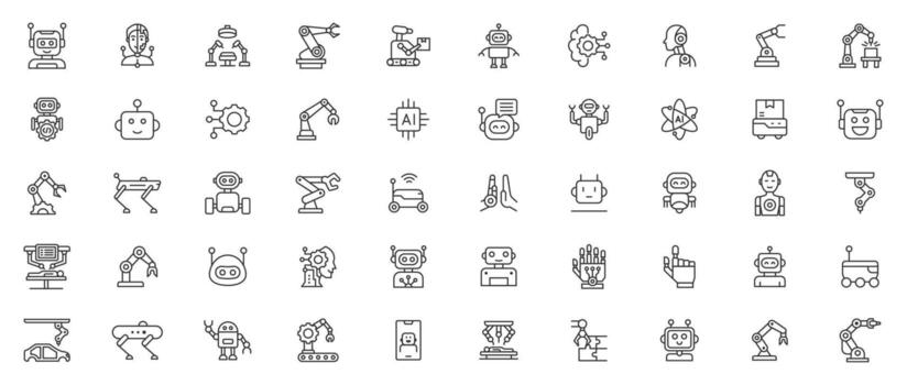 Robotics line icon set. Contains such icons as science, robot, machine, bot, ai, robotic, artificial, tech. Robotics icons set collection illustration. vector