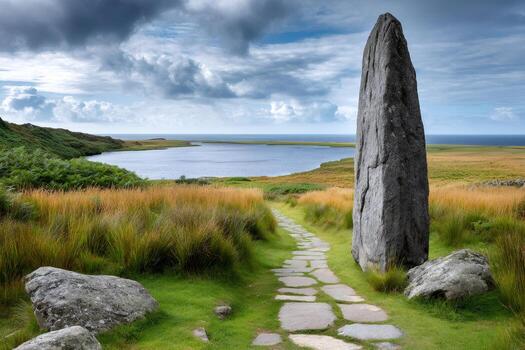 Standing stone overlooking a lake in the scottish highlands photo