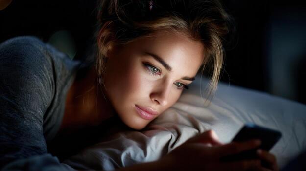 Nighttime smartphone interaction, woman reclining, face bathed in digital light, scrolling through mobile content with pensive expression photo