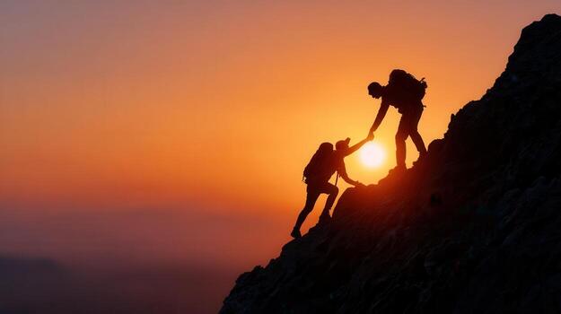 Two hikers assisting each other while climbing a mountain at sunset, embodying the essence of teamwork, support, and shared adventure photo