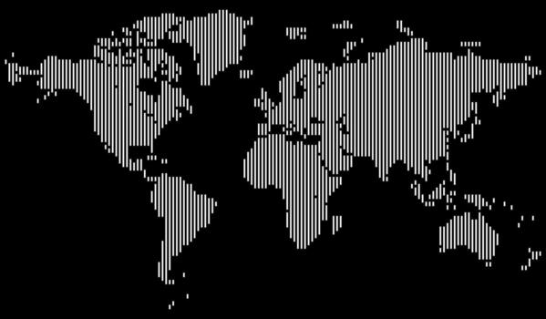 Abstract vertical line shape dotted world map showing global continents. Great for modern infographics and maps. Realistic vertical line shape dotted world map feathering abstract country boundary vector