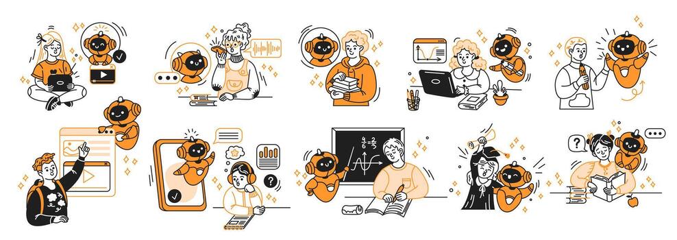 Illustration of playful characters and artificial intelligence in educational settings with vibrant orange accents. Each scene depicts learning, collaboration, and technology in a creative style. vector