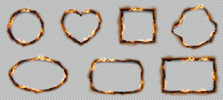 Collection of shapes with fiery edges on background. Includes circle, heart, and rectangle. Ideal for graphic design, digital art projects. vector
