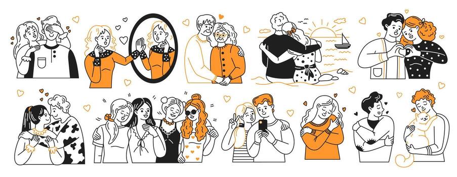 A series of illustrations depicting happy couples and friends in different settings. Joyful interactions in minimalistic black and orange style create a warm atmosphere. vector